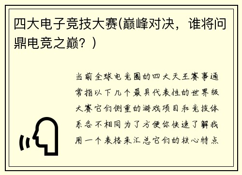 四大电子竞技大赛(巅峰对决，谁将问鼎电竞之巅？)